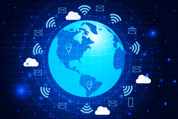 Global internet communication network. World with wifi and cloud icons. 3d illustration.