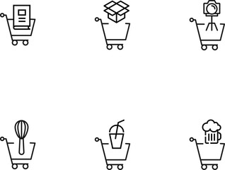 Modern monochrome symbols for web sites, apps, articles, stores, adverts. Editable strokes. Vector icon set with icon of book, open box, camera, mixer, cocktail, bear in shopping cart