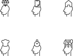 Modern monochrome symbols for web sites, apps, articles, stores, adverts. Editable strokes. Vector icon set with icon of diamond, document, house, chefs hat, timer, cutlery over head