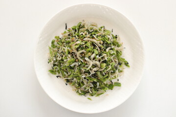 Japanese food, dried small fish and green leaves vegetable for rice topping Furikake