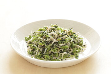 Japanese food, dried small fish and green leaves vegetable