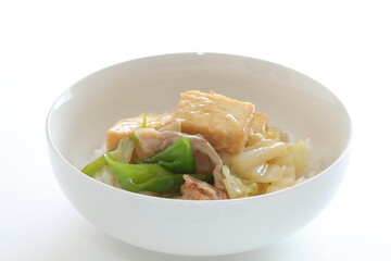 Chinese food, braised Tofu and pork with Chinese cabbage on rice