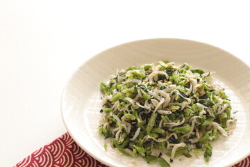 Japanese food, dried small fish and green leaves vegetable for rice topping Furikake