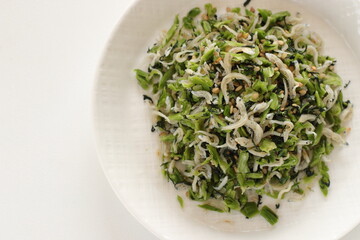 Japanese food, dried small fish and green leaves vegetable for rice topping Furikake