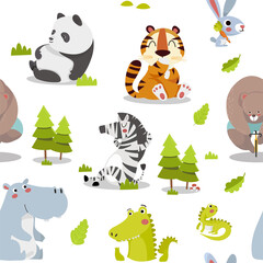 Seamless pattern with various cute and funny cartoon zoo animals