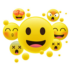 Realistic yellow emoticons in front of a white background. Cartoon emoji collection.