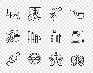 Set line Candy, Disease lungs, Hand with smoking cigarette, No, Smoking, Lungs and Hookah icon. Vector
