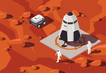 Vector illustration of a futuristic passenger rocket on the surface of Mars, pre-flight training with people and drones on wheels in the style of isometry on the Martian surface, a research mission on