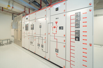 Close up of Industrial electric switch panel power plant in industry factory. Switchgear operation control station monitor manufacturing factory system. generator