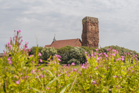 Germany, Schleswig-Holstein, Pellworm, Old Church of SaintSalvatorwith blooming flowers in foreground