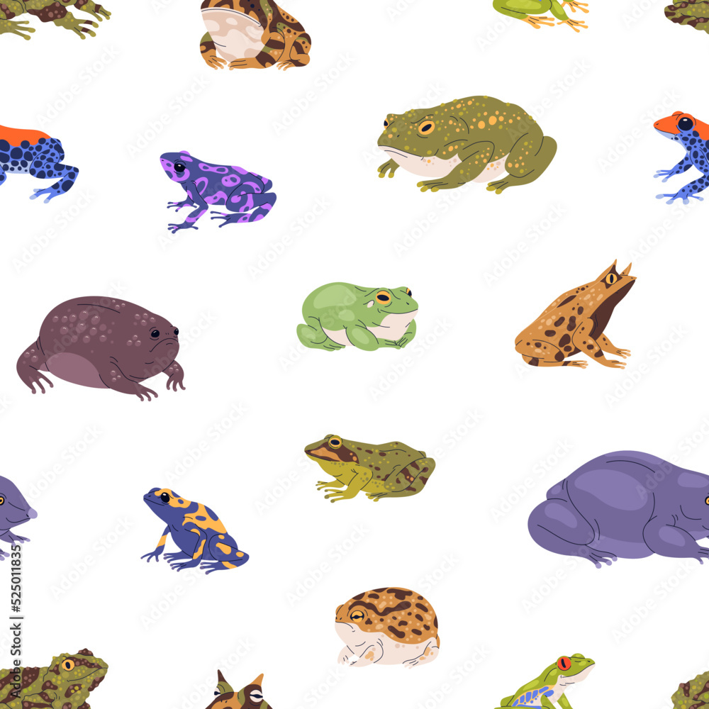 Poster different frogs and toads pattern. seamless froggy background with realistic amphibian animals, repe