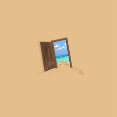 An open door with a view of the sea beach. Seascape in summer. Isolated door in the background. The concept of rest and vacation.