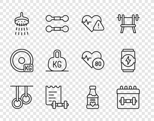 Set line Gymnastic rings, Calendar fitness, Heart rate, Sport training program, Shower, Weight, Vitamins and Energy drink icon. Vector