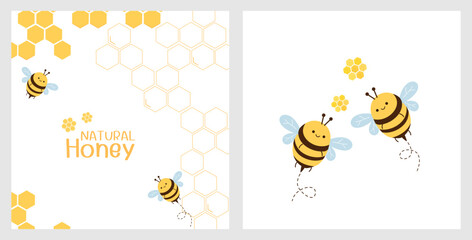 Bee cartoons and honey signs on white backgrounds vector.