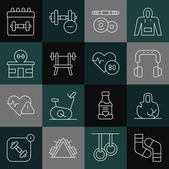 Set line Socks, Broken weight, Headphones, Barbell, Bench with barbell, Gym building, Calendar fitness and Heart rate icon. Vector