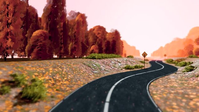 3d motion looping rendering scene of a car driving on a road that runs through a forest in the fall with a cloudy sky.