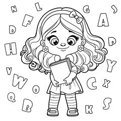 Cute cartoon longhaired girl holding textbook outlined for coloring page on a white background