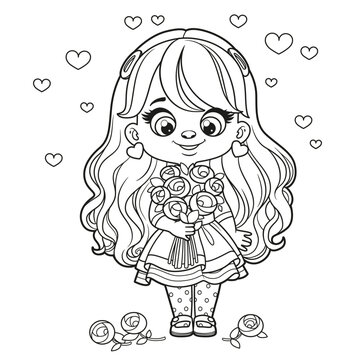 Cute cartoon long haired  girl with big bouquet of roses in hands outlined for coloring page on a white background