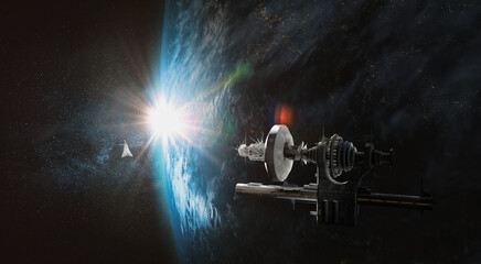 Spaceship Orbiting around Earth at dawn.