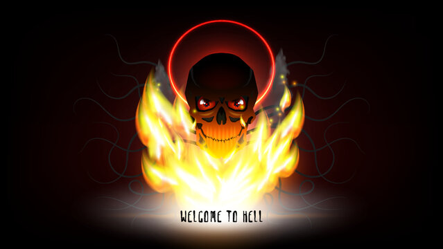 Welcome to hell. Vector scary skull with a red halo in a bright flame and smoke with thin tentacles on dark background