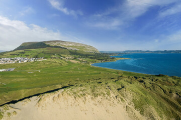 Aerial view on Knocknarea mountain. Warm sunny day with clear blue sky. Irish nature scene. County...