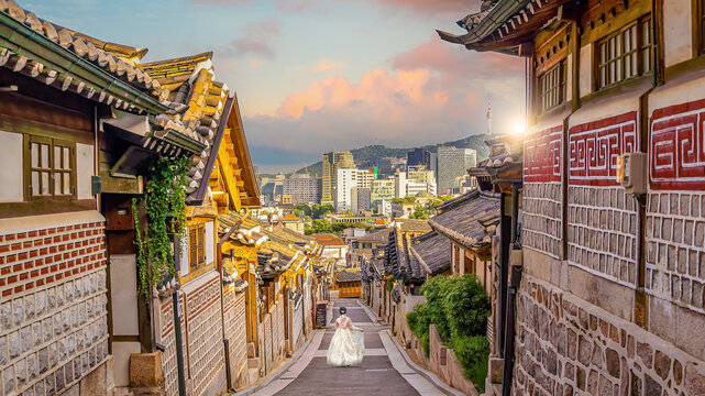 Bukchon Hanok Village with Seoul city skyline, cityscape of South Korea