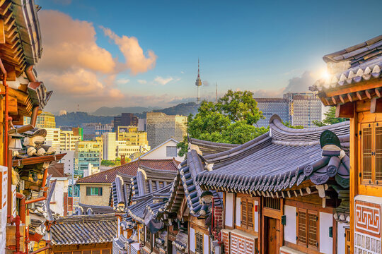 Bukchon Hanok Village with Seoul city skyline, cityscape of South Korea