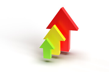 3d render. Red yellow and green up arrows on white background. 