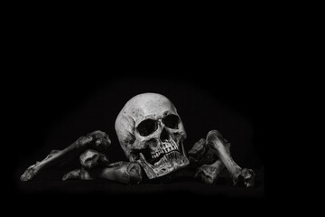 Awesome skull human and bone on black cloth background, concept of scary crime scene of horror or thriller movies,Halloween theme, Still Life style, selective focus,