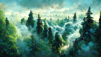 Many trees with fog in tree as aerial view illustration