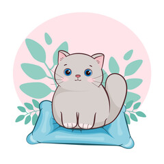 A cute cat is sitting on a blue pillow, on a pink background with homemade flowers. Vector illustration for children's room, book, magazine