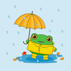 Cute frog in a yellow raincoat and rubber boots with an umbrella, rain and puddle. Children's vector illustration