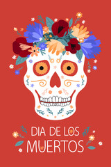 Day of the Dead card. Skull in a wreath of flowers. Vector modern illustration.