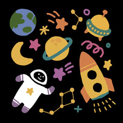 cartoon ufo alien, Astronaut, space ships, planets, stars and earth. Vector illustration on dark background