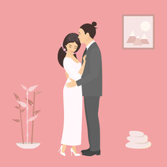 Asian couple getting married. Vector illustration. Cartoon style