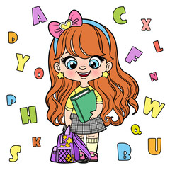 Cute cartoon longhaired girl holding textbook and backpack color variation for coloring page on a white background