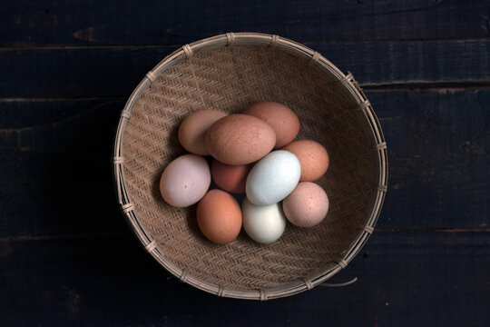 Top view of basket with eggs