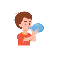 Cute little boy inflates rubber balloon, kids party concept, flat vector illustration isolated on white background.