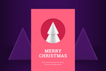 Cute pink Merry Christmas greeting card white glossy spruce in circle frame realistic 3d icon vector