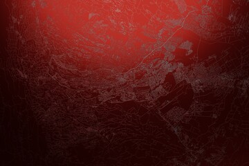 Street map of Nairobi (Kenya) engraved on red metal background. Light is coming from top. 3d render, illustration
