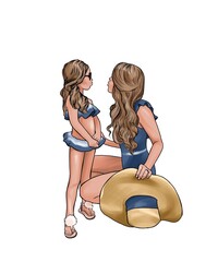 Mother and daughter in bathing suits and with a wide-brimmed straw hat look at each other. Illustration