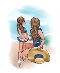 Mother and daughter in bathing suits and with a wide-brimmed straw hat look at each other. Illustration