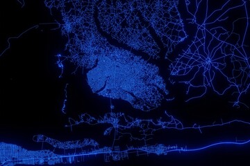 Street map of Porto Novo (Benin) made with blue illumination and glow effect. Top view on roads network
