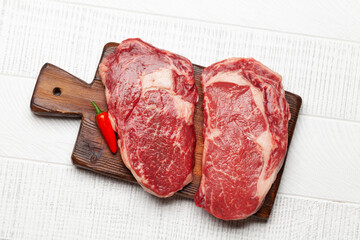 Two raw ribeye beef steaks