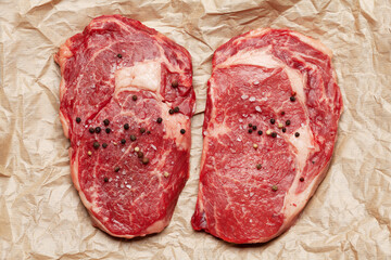 Two raw ribeye beef steaks