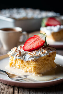 Tasty three milk cake with strawberry