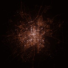 Changchun (China) street lights map. Satellite view on modern city at night. Imitation of aerial view on roads network. 3d render