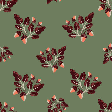 Modern oak leaf acorn vector seamless background pattern. Hand-drawn groups of leaves and acorns on sage green backdrop. Earthy fall ochre color foliage Autumn design for thanksgiving, packaging.