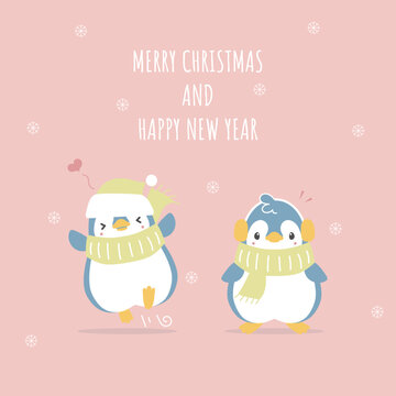 merry christmas and happy new year with cute and lovely hand drawn couple penguin, snowflake in the winter season pink background, flat vector illustration cartoon character costume design