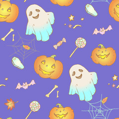 Seamless vector pattern for Halloween. Dark-blu-violet background. Ghost, pumpkins, sweets. Card, Fabric Design. Cartoon-style illustrations.